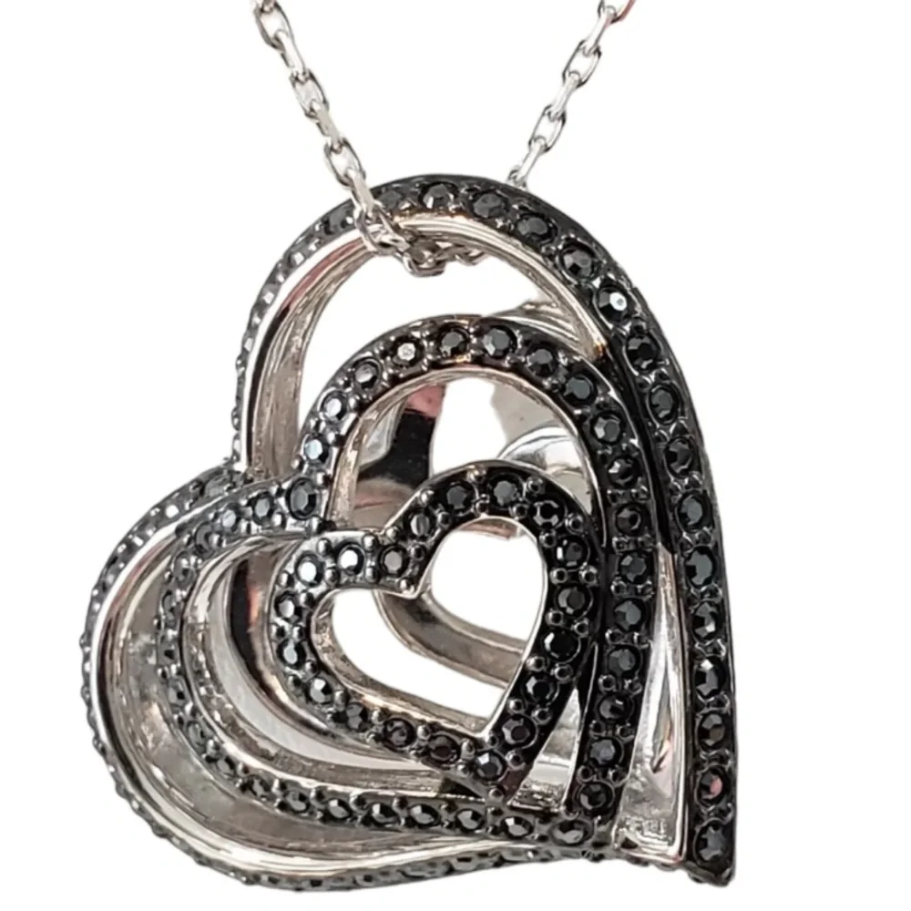 Swarovski Swan Necklace Double Sided Floating Heart Black and Clear Crystals - Picture 2 of 6
